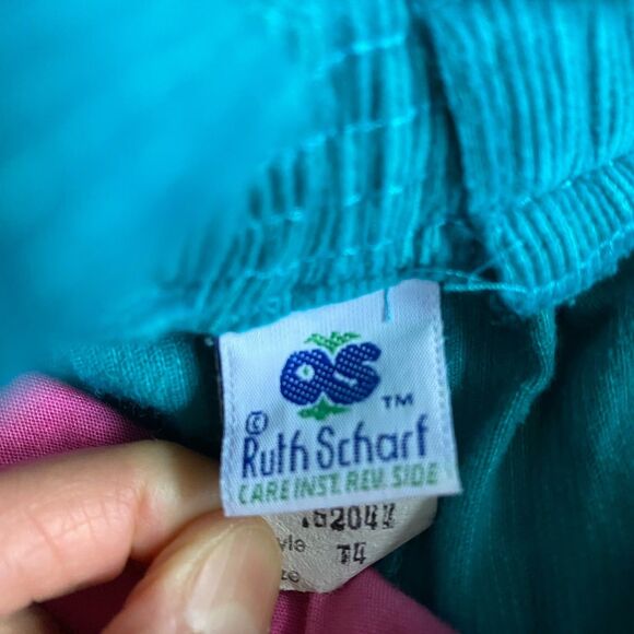 Vintage 80s Ruth Scharf Corduroy Jumpsuit Girls 4T Turquoise Appliques Made USA - Picture 6 of 9